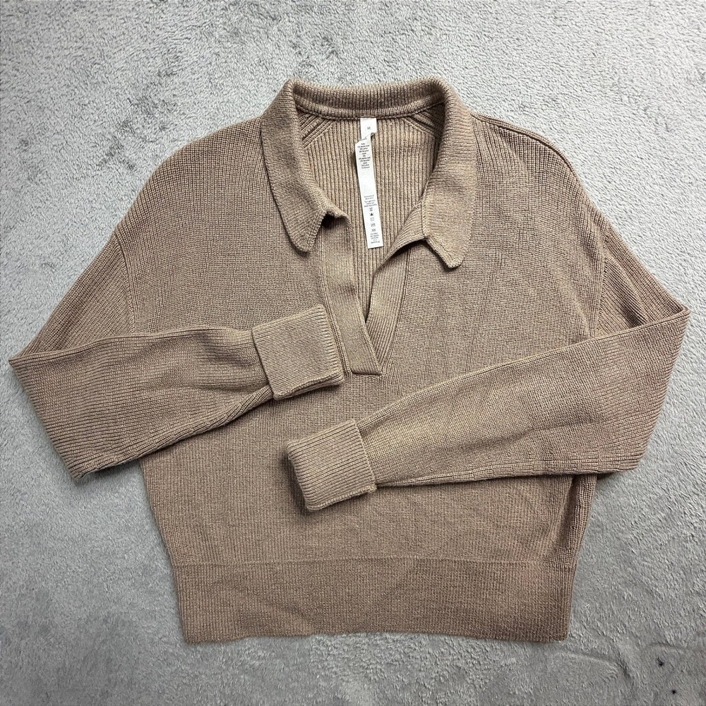 Lululemon Merino Wool Blend Ribbed Polo Sweater Tan LW3HJNS Medium